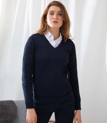 Navy Henbury Ladies Lightweight Cotton Acrylic V Neck Sweater Printsetters Custom Workwear Bristol